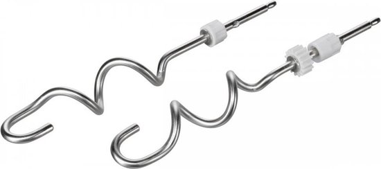 Twee metalen deegkneders met een gebogen ontwerp, aan de bovenkant vastgezet met een witte ring.