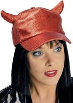 Rode cap/pet met glitters en duivel hoorntjes voor volwassenen - Halloween verkleed accessoire - Petten