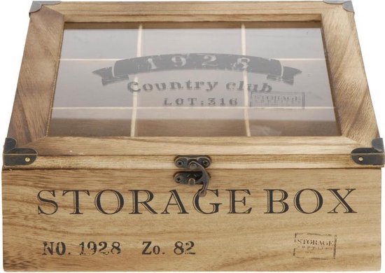 Houten theedoos bruin Storage Box 9-vaks 25 cm - Theedozen/theekisten van hout 25 cm