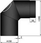 Kachelpijp Ø150 bocht 2 x 45° (90°) zwart - 2mm - staal - Ø150mm - zonder deur - 310 x 310