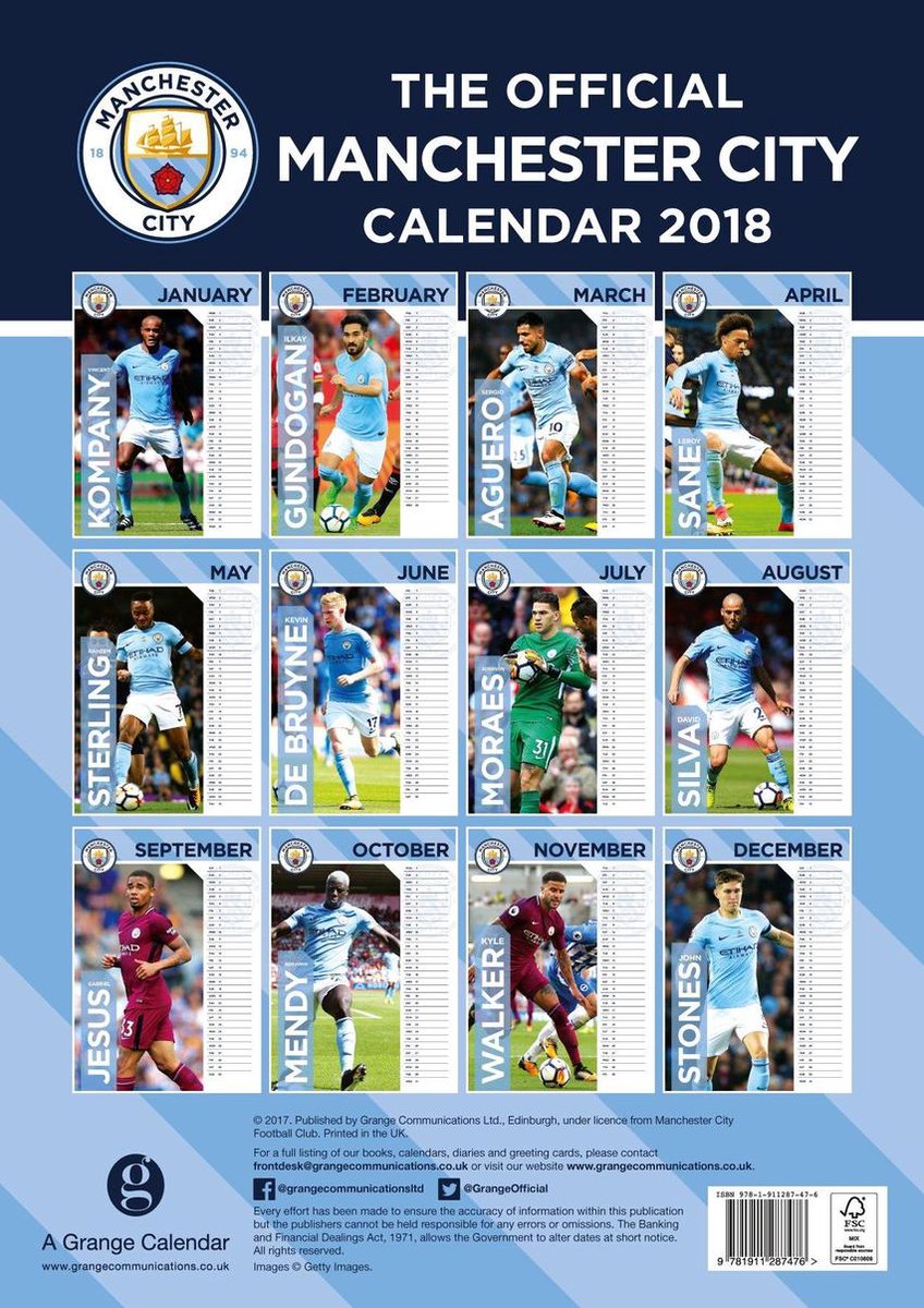 Officiële Manchester City Football Club A3 Kalender 2018