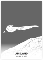 Ameland plattegrond - A3 poster - Zwart witte stijl