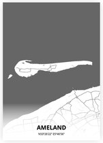 Ameland plattegrond - A4 poster - Zwart witte stijl