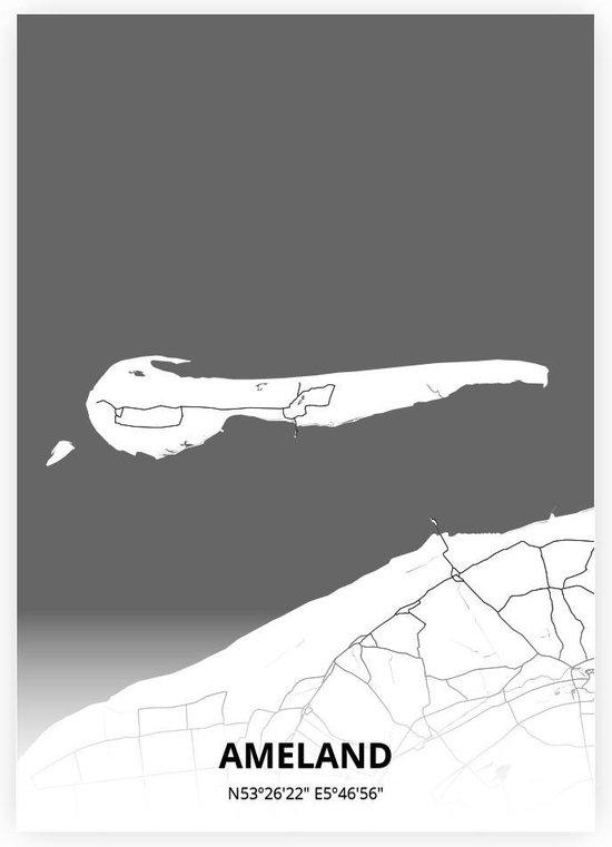 Ameland plattegrond - A4 poster - Zwart witte stijl