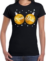 Fout kerst t-shirt zwart met goudenXmas balls borsten voor dames - kerstkleding / christmas outfit M