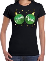 Fout kerst t-shirt zwart met groene merry Xmas ballen borsten voor dames - kerstkleding / christmas outfit M