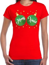 Fout kerst t-shirt rood met groene merry Xmas ballen borsten voor dames - kerstkleding / christmas outfit S