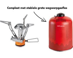 Opvouwbare mini kampeer kooktoestel met piezo - in koker - 7/16" EU aansluiting - Compleet met extra grote wegwerpcilinder 460gram