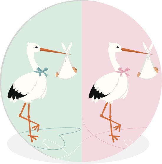 Illustration pour enfants de deux cigognes et bébés sur fond rose et bleu Assiette en plastique de cercle mural - ⌀ 90 cm - peinture ronde - impression photo sur cercle mural en plastique (forex) / cercle vivant / (décoration murale)