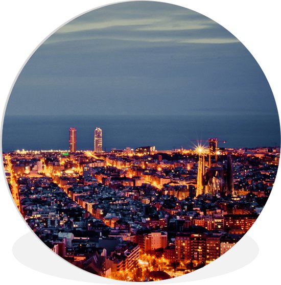 WallCircle - Wandcirkel ⌀ 30 - Barcelona - Skyline - Spanje - Ronde schilderijen woonkamer - Wandbord rond - Muurdecoratie cirkel - Kamer decoratie binnen - Wanddecoratie muurcirkel - Woonaccessoires