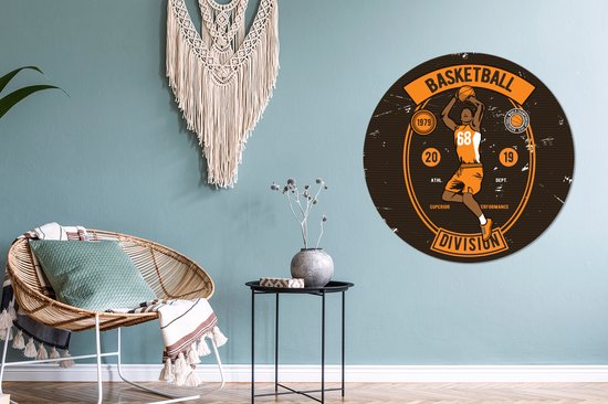 WallCircle - Wandcirkel ⌀ 90 - Mancave - Basketbal - Sport - Vintage - Oranje - Ronde schilderijen woonkamer - Wandbord rond - Muurdecoratie cirkel - Kamer decoratie binnen - Wanddecoratie muurcirkel - Woonaccessoires
