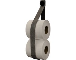 Leren toiletrol-voorraadhouder, met zuignap én schroef - Handles and more® | leer: VINTAGE GREY / knop: Zwart (reserverolhouder - toiletrolhouder - toiletrollen houder - toilet rol voorraad houder)