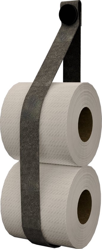 Leren toiletrol-voorraadhouder, met zuignap én schroef - Handles and more® | leer: VINTAGE GREY / knop: Zwart (reserverolhouder - toiletrolhouder - toiletrollen houder - toilet rol voorraad houder)