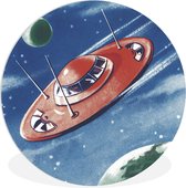 WallCircle - Wandcirkel - Muurcirkel Binnen - Een illustratie van een UFO tussen de planeten - Jongens - Meisjes - Kinderen - Kind - 120x120 cm - Wanddecoratie - Ronde Schilderijen XXL