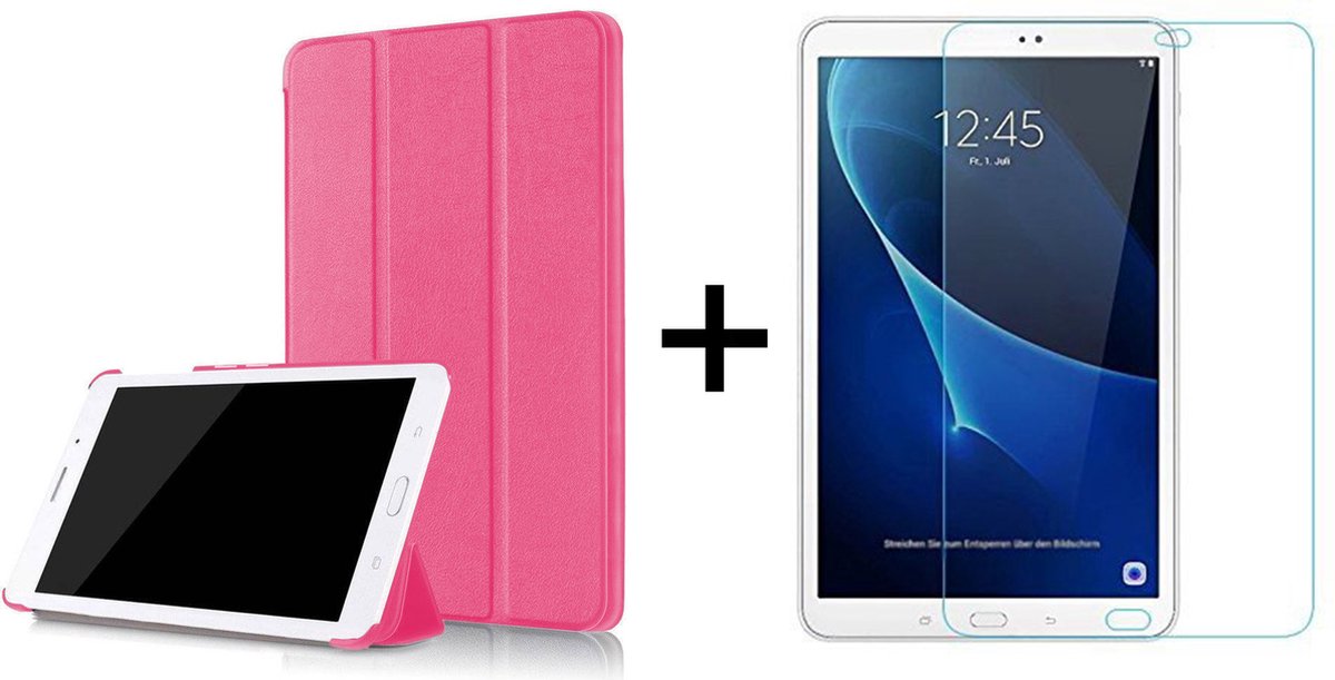 Samsung Tab A 10.1 Inch Hoes Roze Hoesje - Tri Fold Tablet Case - Smart Cover- Magnetische Sluiting - Samsung Galaxy Tab A - 1x Samsung Tab A 10.1 Screenprotector Screen Protector
