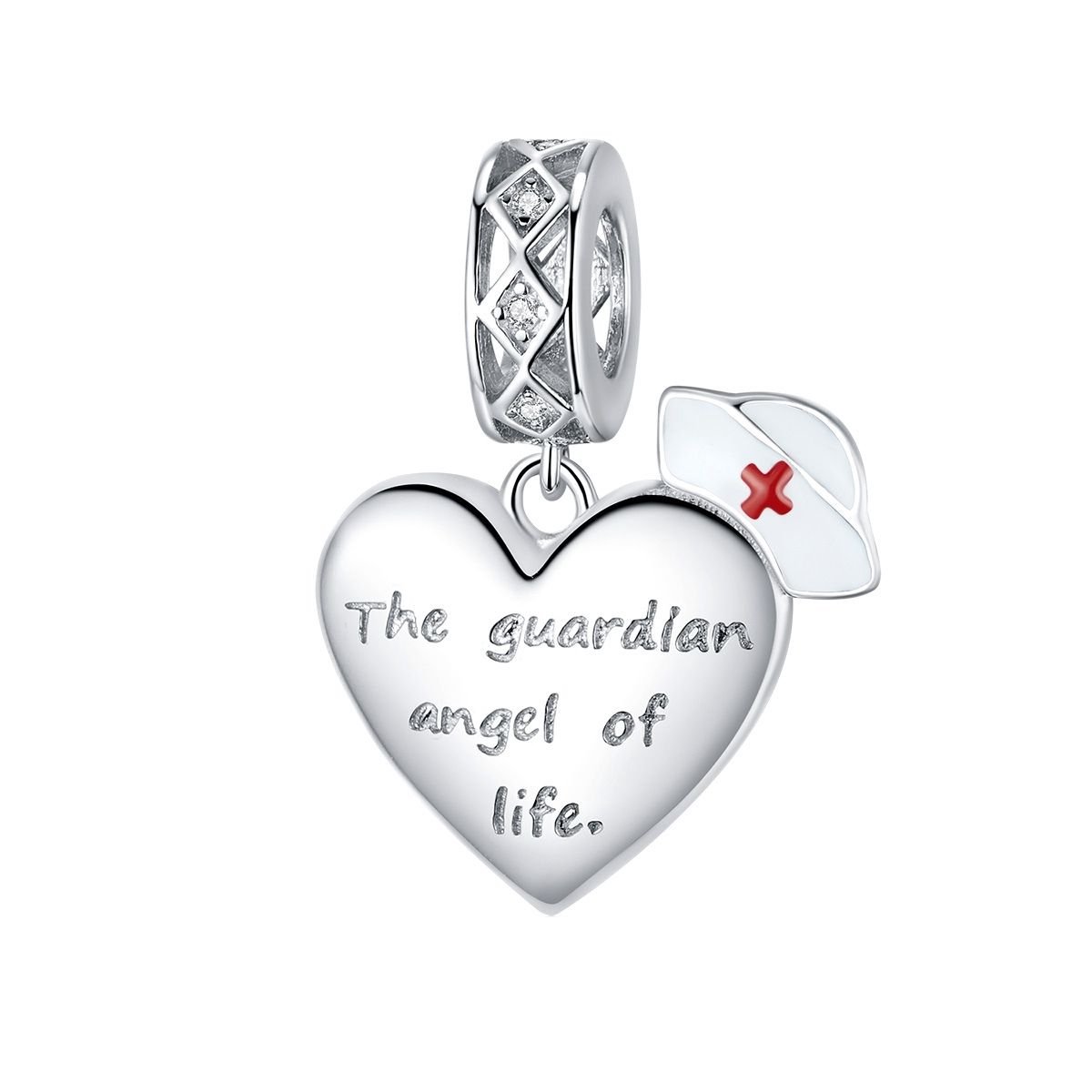 Zorg verpleging hart dangle bedel met 7 zirkonia | The guardian angel of life bead | Zilverana | geschikt voor alle bekende merken | 925 zilver | moederdag