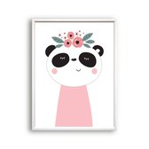 Poster lieve panda met bloemetjes - roze / Dieren / Babykamer - Kinderkamer poster / 80x60cm