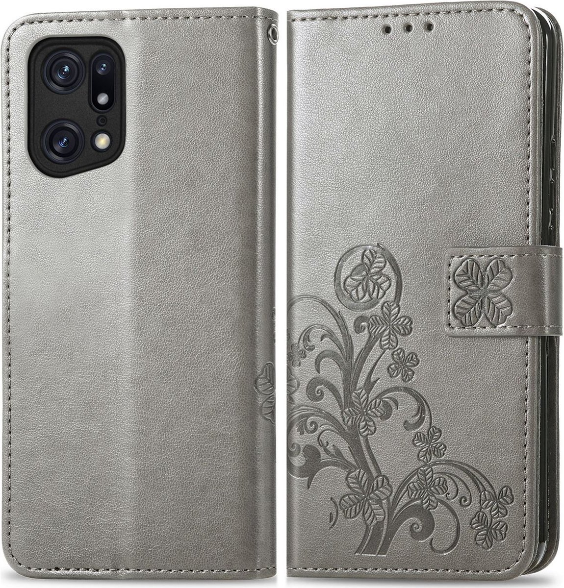 Mobigear Telefoonhoesje geschikt voor OPPO Find X5 Pro Hoesje | Mobigear Clover Bookcase Portemonnee | Pasjeshouder voor 3 Pasjes | Telefoonhoesje voor Pinpas / OV Kaart / Rijbewijs - Grijs
