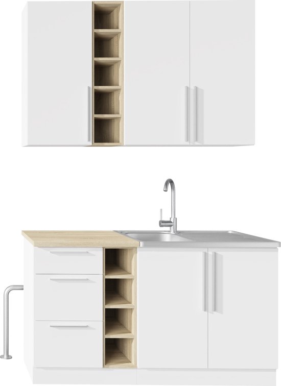 Petite Cuisine 140 cm - Chêne Wit - Moderne - Kitchenette - Meuble de Cuisine avec Évier & Siphon - Cuisine Klein - Perfecthomeshop
