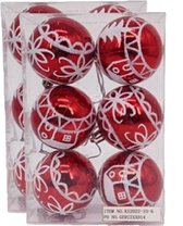 12x stuks gedecoreerde kerstballen rood kunststof diameter 6 cm - Kerstboom versiering
