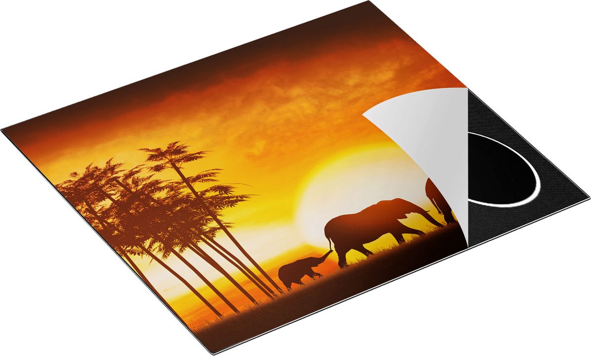 Chefcare Inductie Beschermer Olifanten Familie bij Zonsondergang - 60x52 cm - Afdekplaat Inductie - Kookplaat Beschermer - Inductie Mat