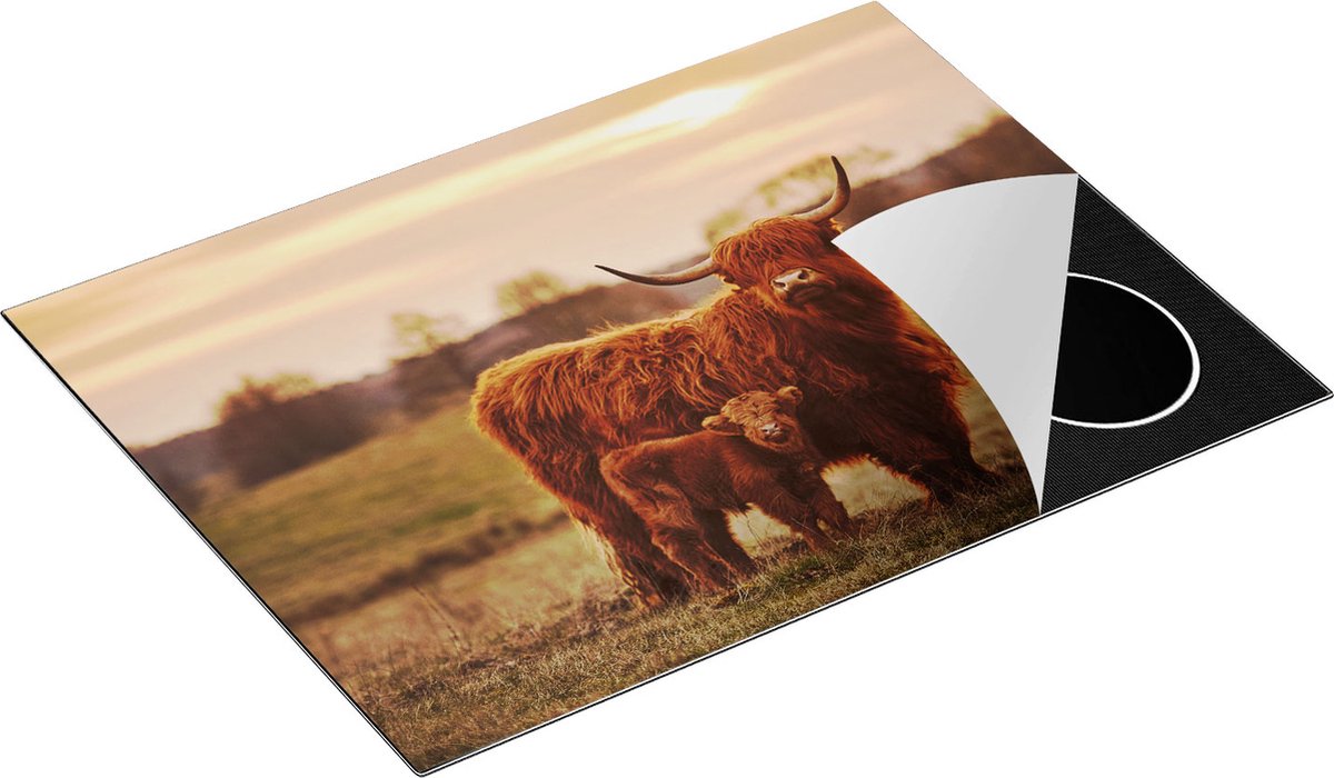 Chefcare Inductie Beschermer Schotse Hooglander Koe met haar Kalf - 71x52 cm - Afdekplaat Inductie - Kookplaat Beschermer - Inductie Mat