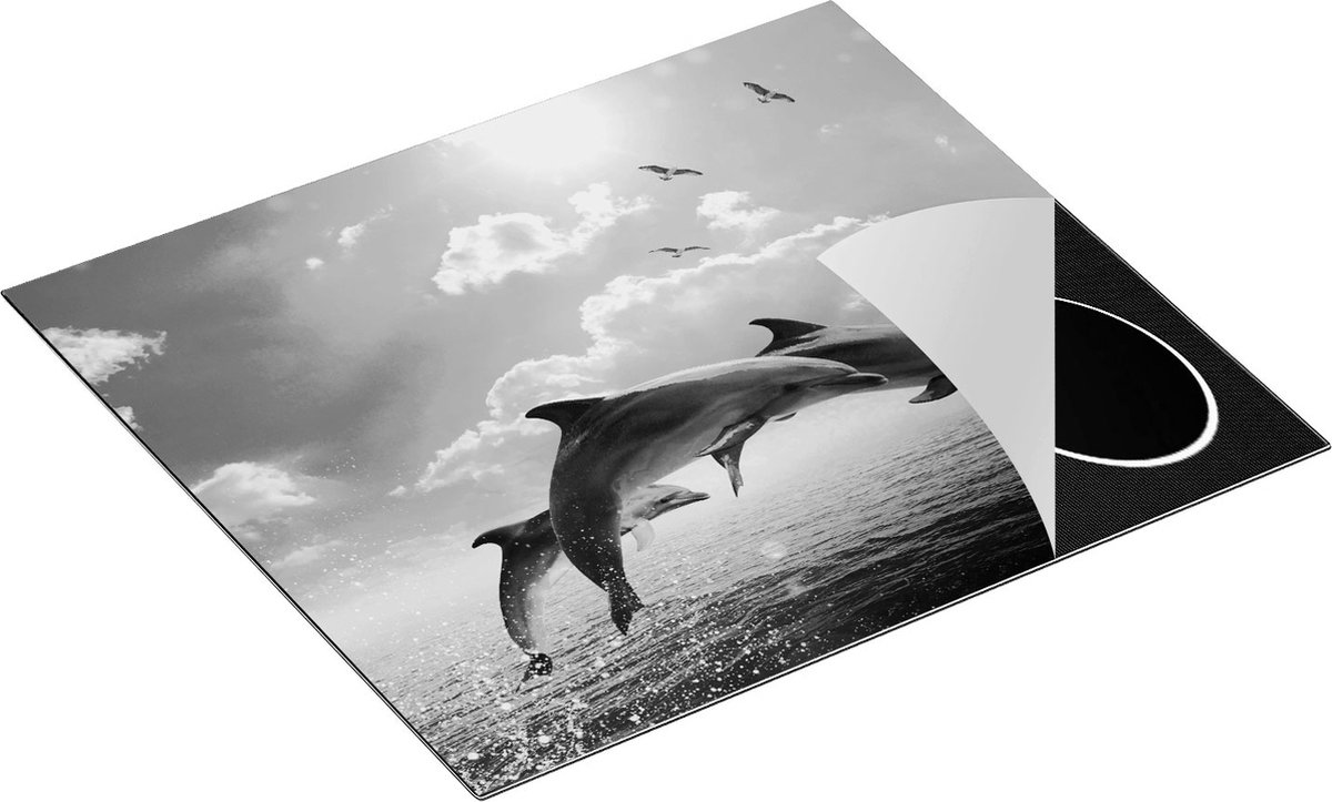 Chefcare Inductie Beschermer Dolfijnen Springen uit de Blauwe Zee - Zwart Wit - 58,3x51,3 cm - Afdekplaat Inductie - Kookplaat Beschermer - Inductie Mat