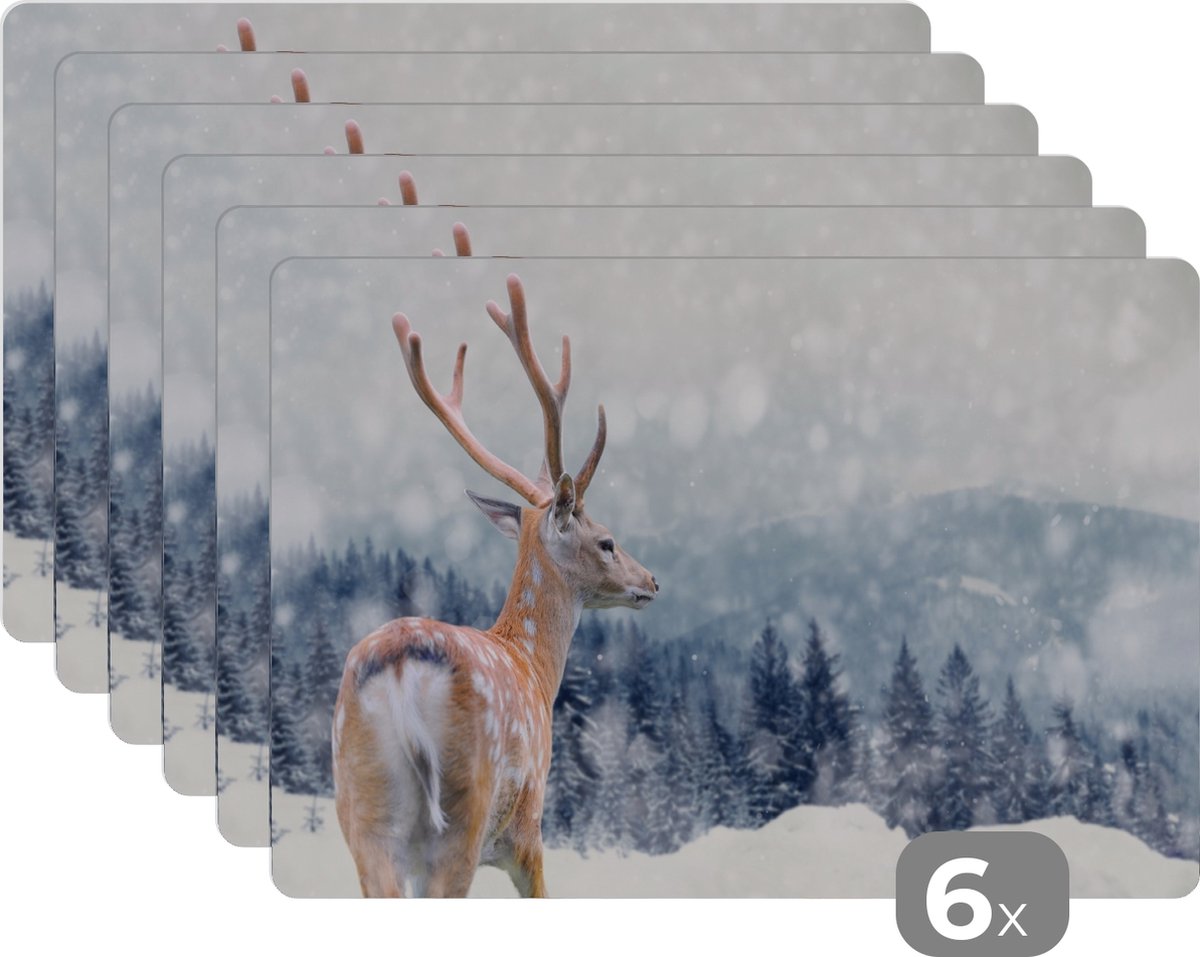 KitchenYeah - Placemats - Dieren - Hert - Sneeuw - Gewei - Keuken - Onderlegger - 45x30 cm - 6 stuks