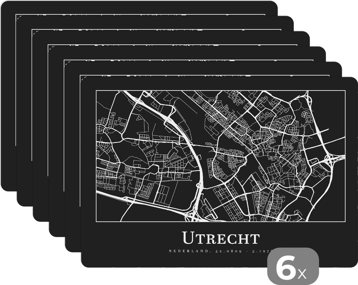 Placemat - Placemats kunststof - Plattegrond - Stadskaart - Utrecht - Kaart - 45x30 cm - 6 stuks - Hittebestendig - Anti-Slip - Onderlegger - Afneembaar