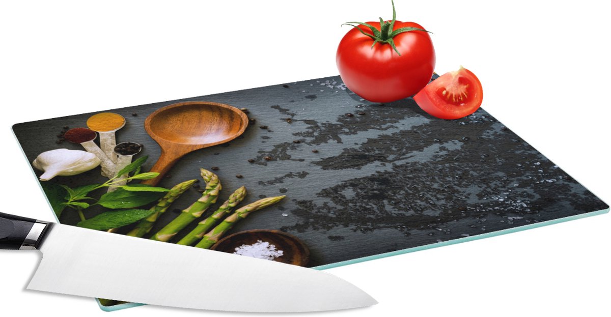 Glazen Snijplank - 28x20 - Kruiden - Pollepel - Keuken - Snijplanken Glas