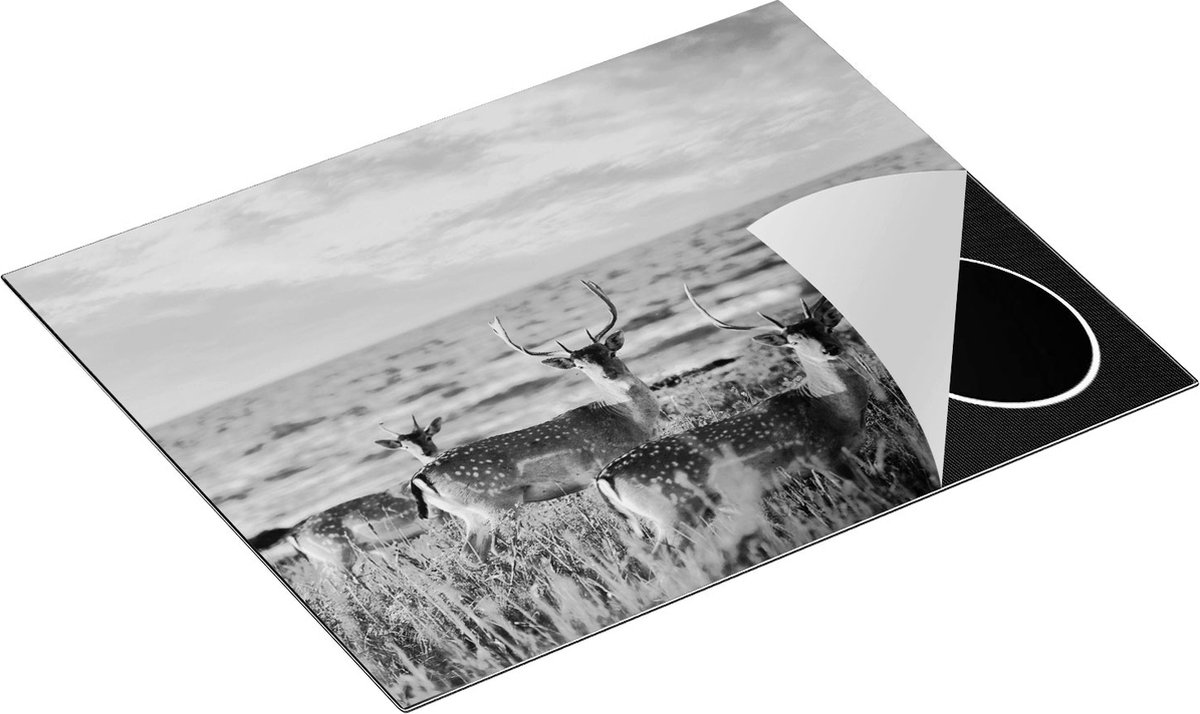 Chefcare Inductie Beschermer Drie Herten aan de Zee tijdens Zonsondergang - Zwart Wit - 65x50 cm - Afdekplaat Inductie - Kookplaat Beschermer - Inductie Mat