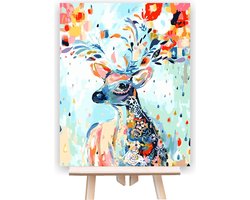 foto van Schilderen Op Nummer Volwassenen - Do It Yourself Paintings - Kleurrijk Hert - Hert - Gewei - Bloemen - Kleurrijk - Dieren - 40x50 cm - Canvas