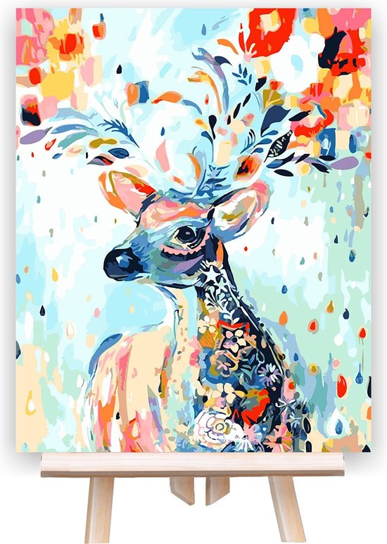 Peinture par numéros Adultes - Peintures à faire soi-même - Cerf coloré - Cerf - Bois - Fleurs - Coloré - Animaux - 40x50 cm - Toile