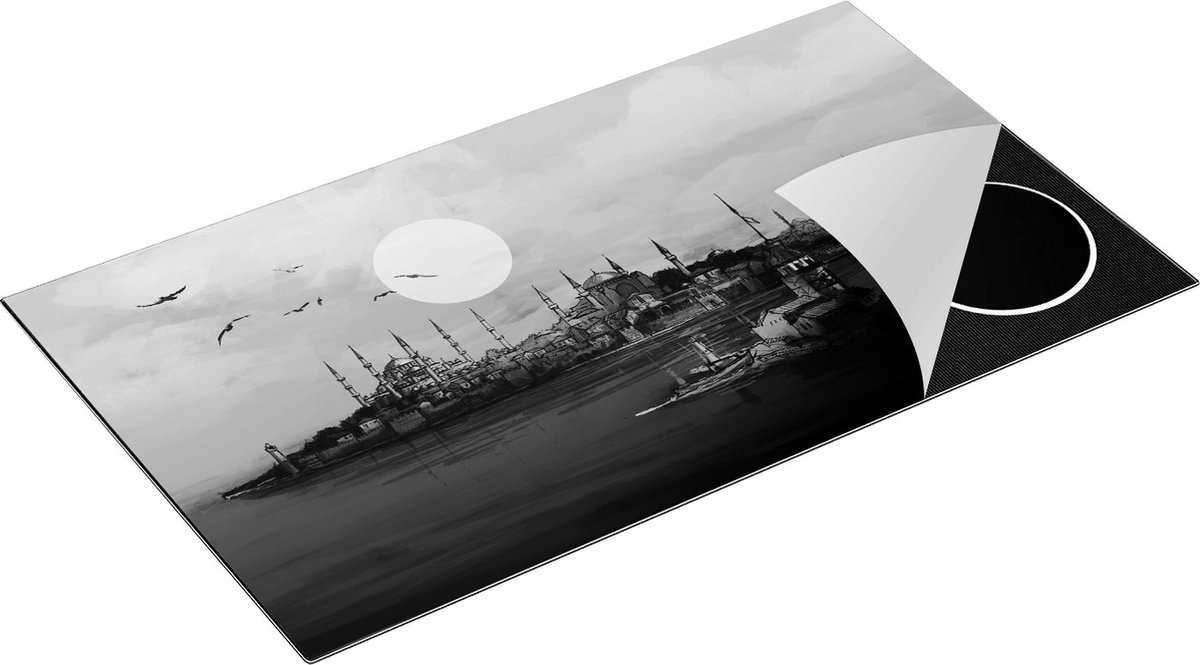 Chefcare Inductie Beschermer Illustratie van de Maiden's Tower in Istanbul - Zwart Wit - 89,6x51,6 cm - Afdekplaat Inductie - Kookplaat Beschermer - Inductie Mat