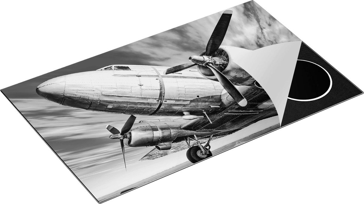 Chefcare Inductie Beschermer Oud Vliegtuig op de Landingsbaan - Zwart Wit - 85x55 cm - Afdekplaat Inductie - Kookplaat Beschermer - Inductie Mat