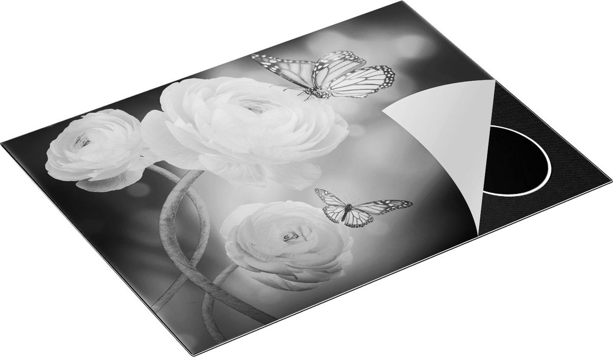 Chefcare Inductie Beschermer Twee Roze Vlinders bij Roze Rozen - Zwart Wit - 71x52 cm - Afdekplaat Inductie - Kookplaat Beschermer - Inductie Mat