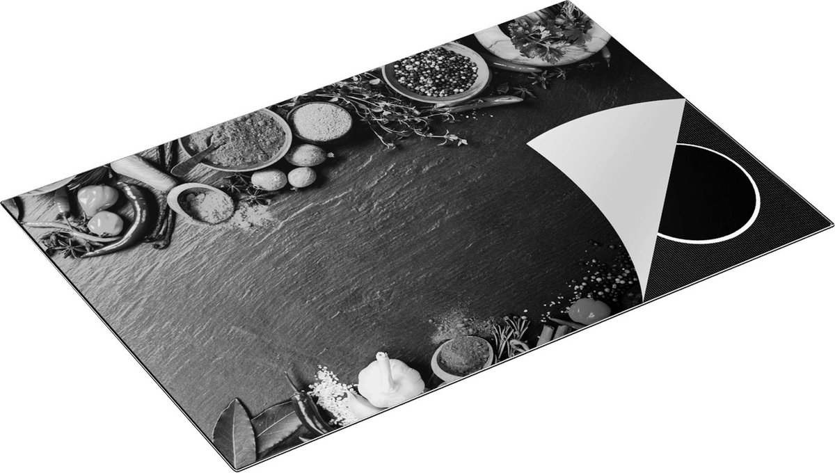 Chefcare Inductie Beschermer Verschillende Kruiden op een Zwarte Tafel - Zwart Wit - 81,2x52 cm - Afdekplaat Inductie - Kookplaat Beschermer - Inductie Mat