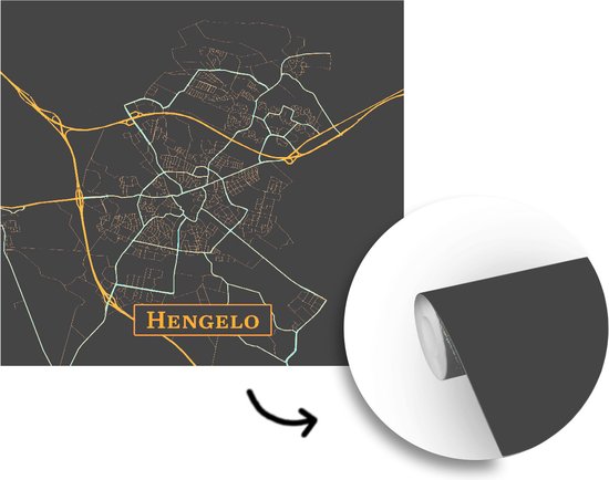 Behang - Fotobehang Kaart - Hengelo - Luxe - Goud - Zwart - Breedte 350 cm x hoogte 350 cm