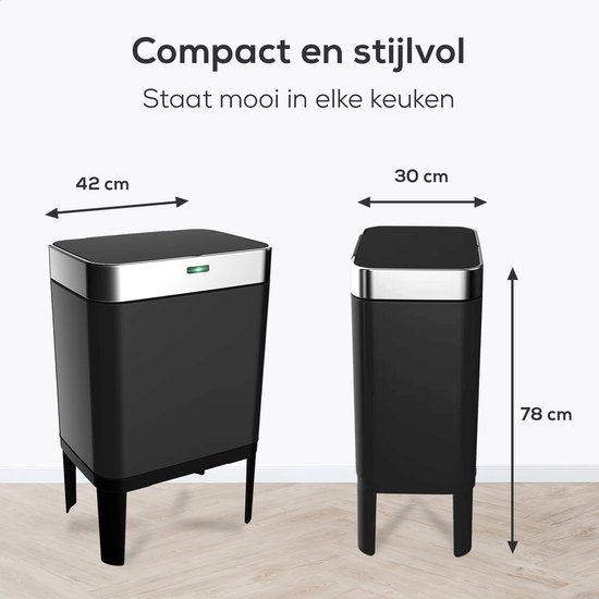 Loftey Sensor Prullenbak 60 Liter – Touch Free Afvalbak - Afvalemmer - Afvalscheiding 2x30L - Keuken - Zwart/RVS