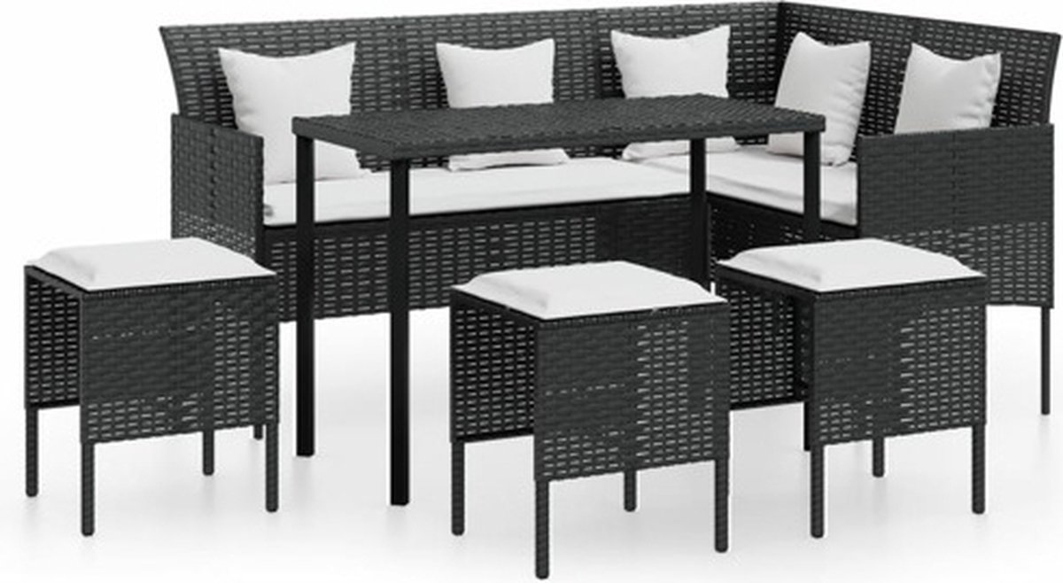 vidaXL 5-delige Loungeset met kussens L-vormig poly rattan zwart