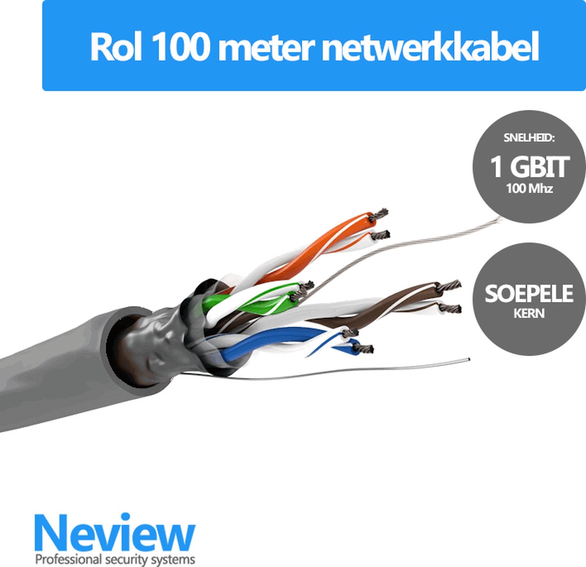 Rol 100 meter F/UTP netwerkkabel - Grijs - Soepel - Zonder stekkers - Folie afscherming