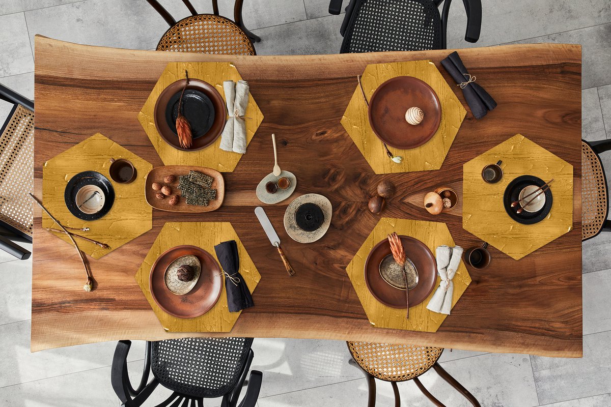 Placemats hexagon - Onderleggers placemats - Placemat zeshoek - Verf - Patronen - Oker - 6 stuks