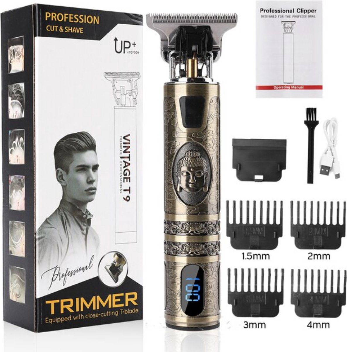 Professionele trimmer Met scheergeleiders - Haartrimmer met geleidekammen - Baardtrimmer voor heren - Handvat met figuur van Gautama Boeddh
