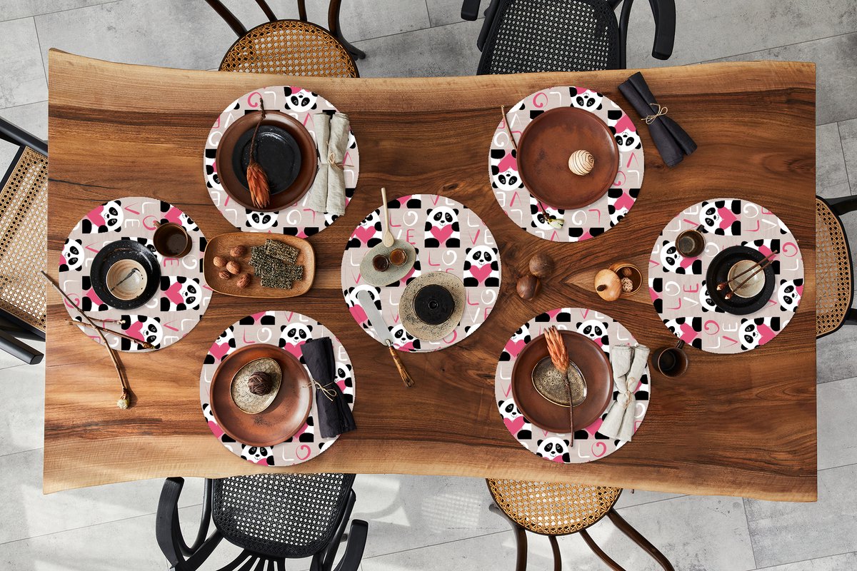 Ronde placemats - Onderlegger - Placemats rond - Hartjes - Panda - Patronen - 8 stuks
