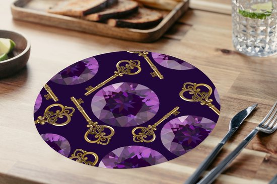 Sets de table ronds - Dessous de verre - Napperons ronds - Pierre précieuse - Motifs - Or - Clé - 6 pièces