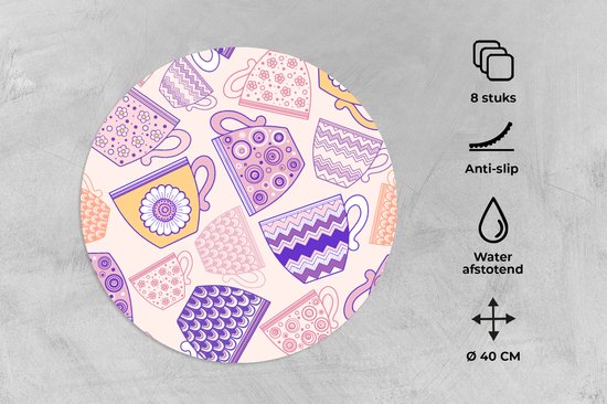 Sets de table ronds - Dessous de verre - Sets de Napperons ronds - Motifs - Tasses à thé - Thee - 8 pièces