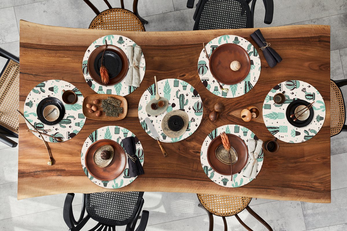 Ronde placemats - Onderlegger - Placemats rond - Patroon - Cactus - Pot - 8 stuks