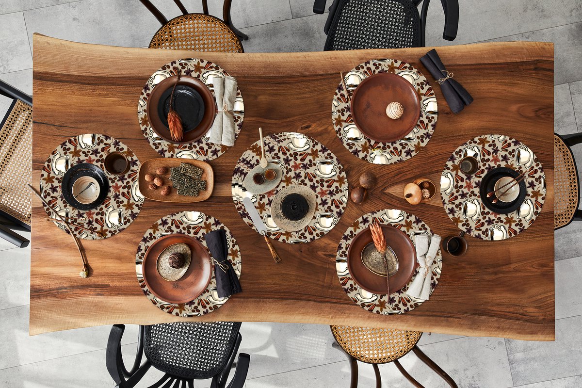 Ronde placemats - Onderlegger - Placemats rond - Koffie - Kaneel - Patronen - 10 stuks