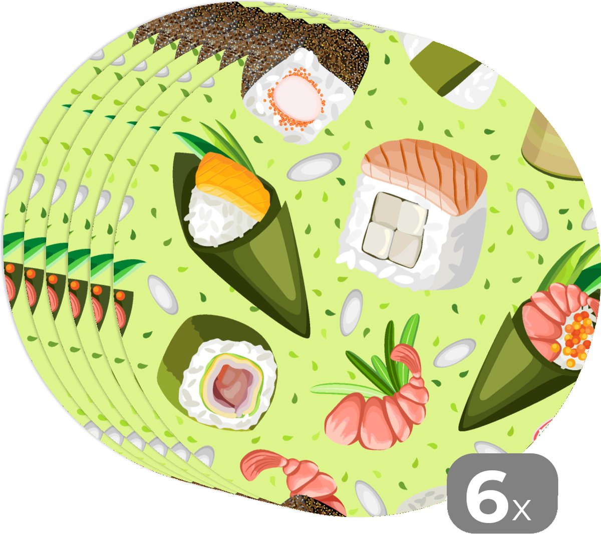 Ronde placemats - Onderlegger - Placemats rond - Patronen - Sushi - Japan - Groen - 6 stuks