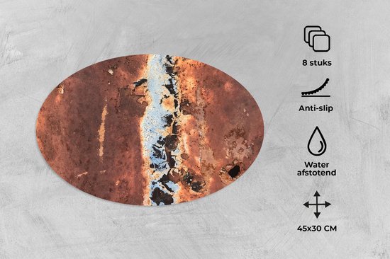 Placemats ovaal - Onderleggers - Ovale placemats - Roestrood - Roest print - Metaal - 8 stuks